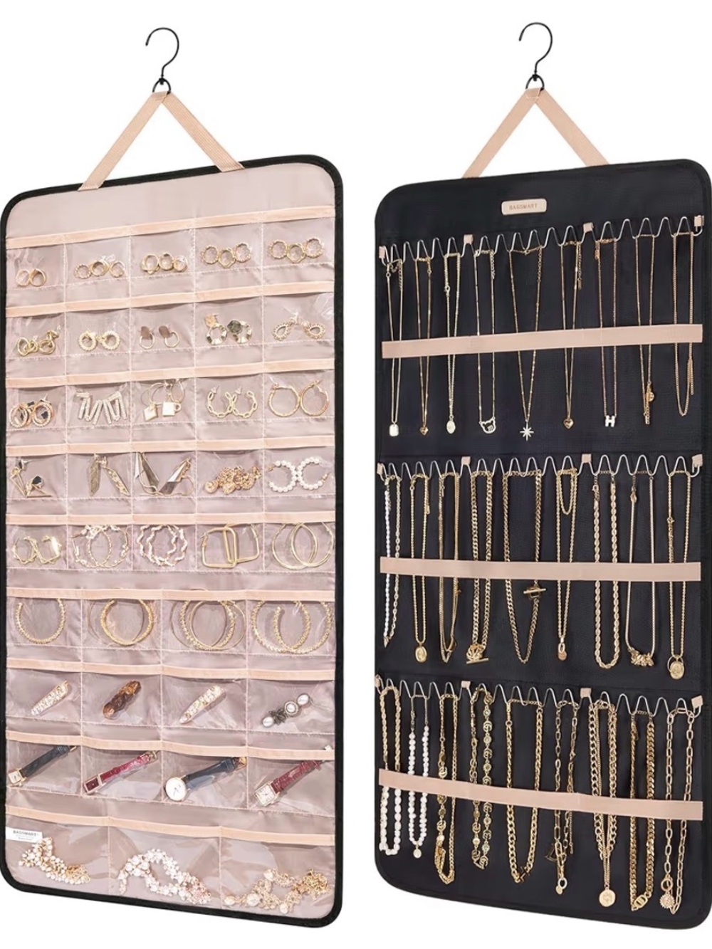 BAGSMART Hanging Jewelry Organizer with Pockets and Hook - Black & Beige